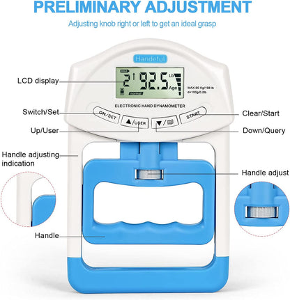 Grip Strength Tester, Hand Grip Dynamometer (198Lbs / 90Kgs), Electronic Handgrip Testing for Sports Home School Use